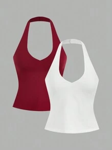 SHEIN BASICS 2pcs/Set Casual Solid Knit Halter Neck Open Shoulder Fitted Women Tank Tops - Red and White - View 1