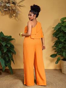 Slaydiva 大码女式夏季优雅办公室/度假纯橙色肩部荷叶边嵌件系带阔腿连体裤