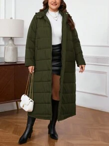 SHEIN Privé 大码长款宽松连帽外套，秋冬 - 軍綠色 - 查看 5