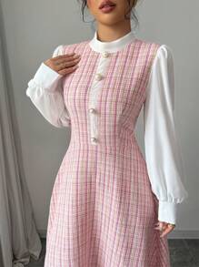 女式格子拼接立领长袖纽扣设计优雅连衣裙长款晚礼服 - 粉色 - 查看 6