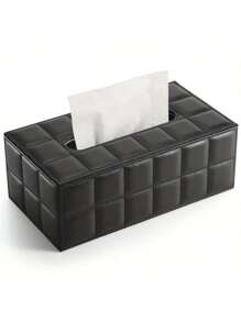 1PC Large Rectangular PU Tissue Box Cover Magnetic Lock Black Grid Pattern Modern Home Decor For Dresser Nightstand Office Car Storage Organizer Minimalist Style - Black - View 2