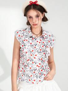 SHEIN Explorewe 少女短袖短款樱桃心印花优雅衬衫 - 彩色 - 查看 3