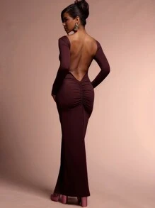 MUSERA 垂坠感十足的露背褶皱长裙，优雅的春夏度假派对长裙 - 咖啡棕 - 查看 6