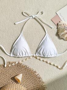 SHEIN Swim Women's Summer Beach Simple Shell Detail Halter Neck Top - White - View 3