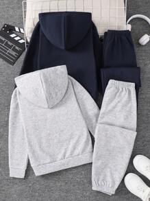 4pcs Tween Boys Casual Solid Color Hoodie And Elastic Waist Pants Set, Multi-Pack, Suitable For Autumn, Spring, Winter, Suitable For Outdoor Play, School, Street Style, Party, And Home Leisure, High Cost-Performance