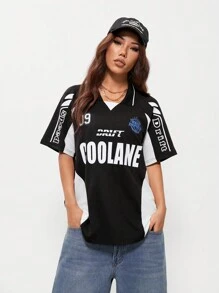 Coolane Casual Sports Colorblock Letter Print Polo Tee - Black - View 1