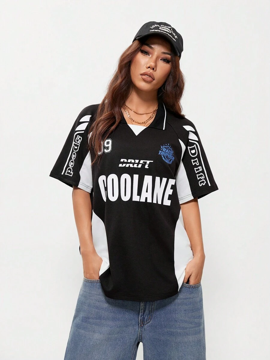 Coolane Casual Sports Colorblock Letter Print Polo Tee - Black - View 1