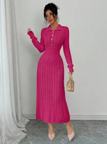 Chiquease Elegant Solid Color Waist-Cinched Long Sweater Dress For Autumn/Winter - Hot Pink - View 1