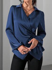 EMERY ROSE 西式风格亮面面料侧系带泡泡袖百搭女式衬衫 - 藍色 - 查看 6