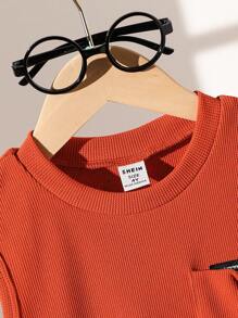 SHEIN 2pcs/Set Young Boy Cute Minimalist School Style Casual Sports Top And Shorts Set, Summer Summer Holiday - Burnt Orange - View 6