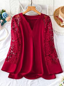 SHEIN LUNE Blusa Plus Size Elegante Cor Sólida Renda Splice Decote Fechado Para Outono - Vermelho - Ver 1