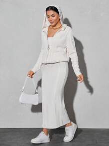 EURMUSE Hooded Zippered Twist Strip Two-Piece Set - Apricot - View 7