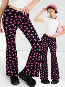 SHEIN Teen Girl Casual All-Over Heart Print Flared Pants