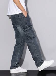 Manfinity Homme Men's Casual Washed Cargo Denim Jeans - Blue - View 5