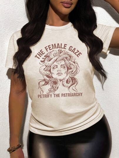 Maweii Plus Size Vintage värmeöverföringstryckt Casual kortärmad T-shirt Grafiska T-shirts Dam Toppar