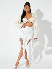 SHEIN SXY Elegant Solid Color Jacquard Ruffle Hem Skirt,Ruffle Skirt, - White - View 4