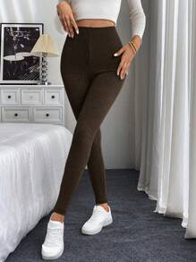 Easowa 女士高腰罗纹保暖休闲打底裤 四季皆宜，休闲款 - 咖啡棕 - 查看 4