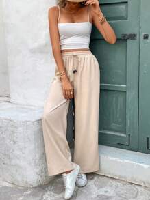 SHEIN Frenchy Women's Casual Plain Drawstring Waist Straight Leg Pants, Vacation, Suitable For Daily Wear,Elastic Waist Solid Color Loose Wide Leg Trousers - Apricot - View 1