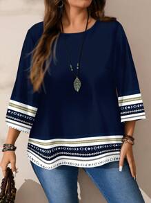 EMERY ROSE Plus Size Women's Casual Pattern Retro Printed Loose Fit Round Neck 3/4 Sleeve Blouse, Suitable For Spring And Summer Fall Clothes Chic Blouses For Women