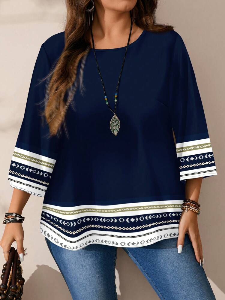 Plus Size Women's Casual Pattern Retro Printed Loose Fit Round Neck 3/4 Sleeve Blouse, Suitable For Spring And Summer Fall Clothes Chic Blouses For Women,Vacation