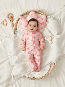 Cozy Pixies 2pcs Newborn Baby Girl Butterfly Pattern Knitted Soft Round Neck Long Sleeve Jumpsuit And Pillow - Pink - View 5