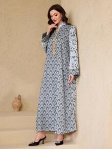 Al Najma 2025 Spring Turkish Arabian Printed Long Robe Dress Kaftan Jalabiya Dress - Grey - View 6