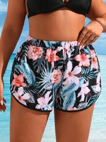 Swim Lushoire Pantalones cortos informales de playa con estampado de plantas tropicales para mujeres de talla grande para vacaciones - Multicolor - Ver 6