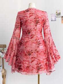 Soleia Women Plus Size Vacation Floral Print V-Neck Lace Trim Bowknot Decor Vintage Print Flare Sleeve A-Line Mini Dress, Autumn/Winter - Multicolor - View 2