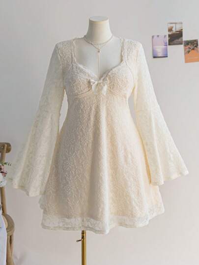 Dreamara Plus size kvinnlig fyrkantig hals Vit spetskant volangärm A-line miniklänning, semesterkläder, vår