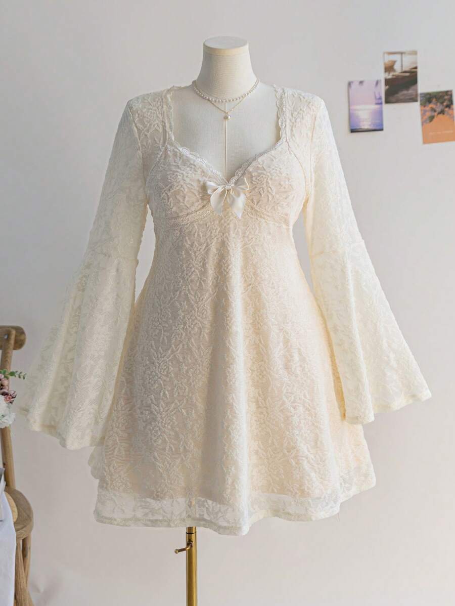 Dreamara Plus Size Women's Square Neck White Lace Trim Ruffle Sleeve A-Line Mini Dress, Vacation Wear, Spring,Graduation Dress - White - View 1