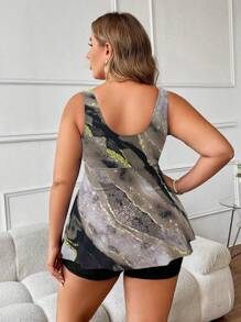 Swim Lushoire 大码女式 2 件随机印花吊带背心和短款上衣款式比基尼泳衣，适合夏季 - 淺灰色 - 查看 2