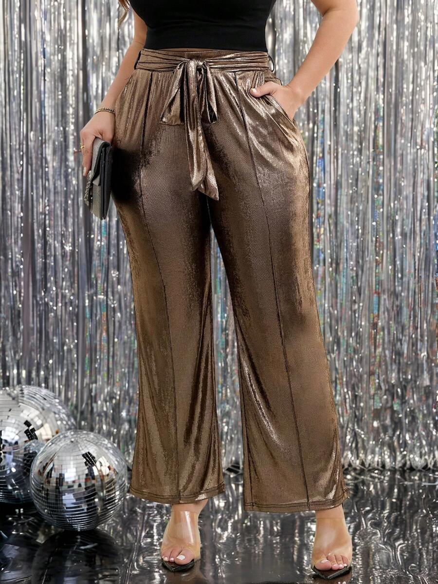 SHEIN LUNE Metallic Coated Stretch Fabric Waist Bowknot Flare Pants, Slimming Plus Size Trousers New Years Women Outfit New Years Outfit New Year Eve Outfit