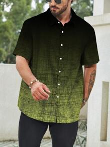 Manfinity Homme Men's Ombre Color Single-Breasted Casual Loose Short Sleeve Shirt - Army Green - View 1