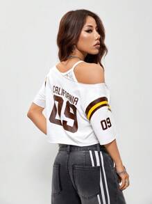 SHEIN EZwear 女士春夏约会之夜外出复古运动 V 领露肩 T 恤 - 白色 - 查看 6
