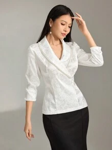 Modelyn Women's Floral Jacquard Faux Pearl Decor Elegant Blouse With Shawl Collar