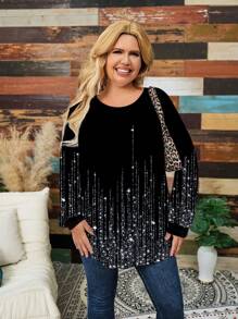 SHEIN LUNE Casual Minimalist Allover Print Loose Fit Round Neck Long Sleeve Plus Size T-Shirt, Suitable For Autumn/Winter - Multicolor - View 4