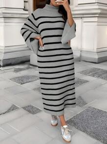 Calvaya Váy len dài tay kẻ sọc cổ lọ cỡ lớn đơn giản, giản dị, dành cho mùa đông - Xám - Xem 7