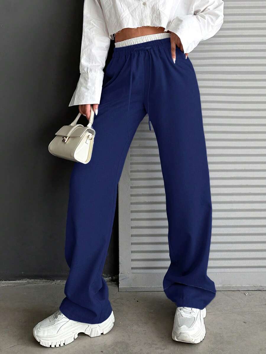 EURMUSE Color Block Elastic Waist Loose Straight Pants For Casual Wear - Navy Blue - View 1