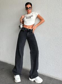 RueChic 100% 纯棉女式高腰直筒牛仔裤 - 深灰色 - 查看 4