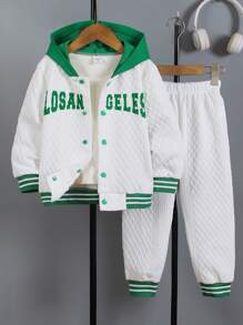 SHEIN 2pcs Young Boy Solid Color Patchwork Front Button Long Sleeve Hoodie And Pants Set