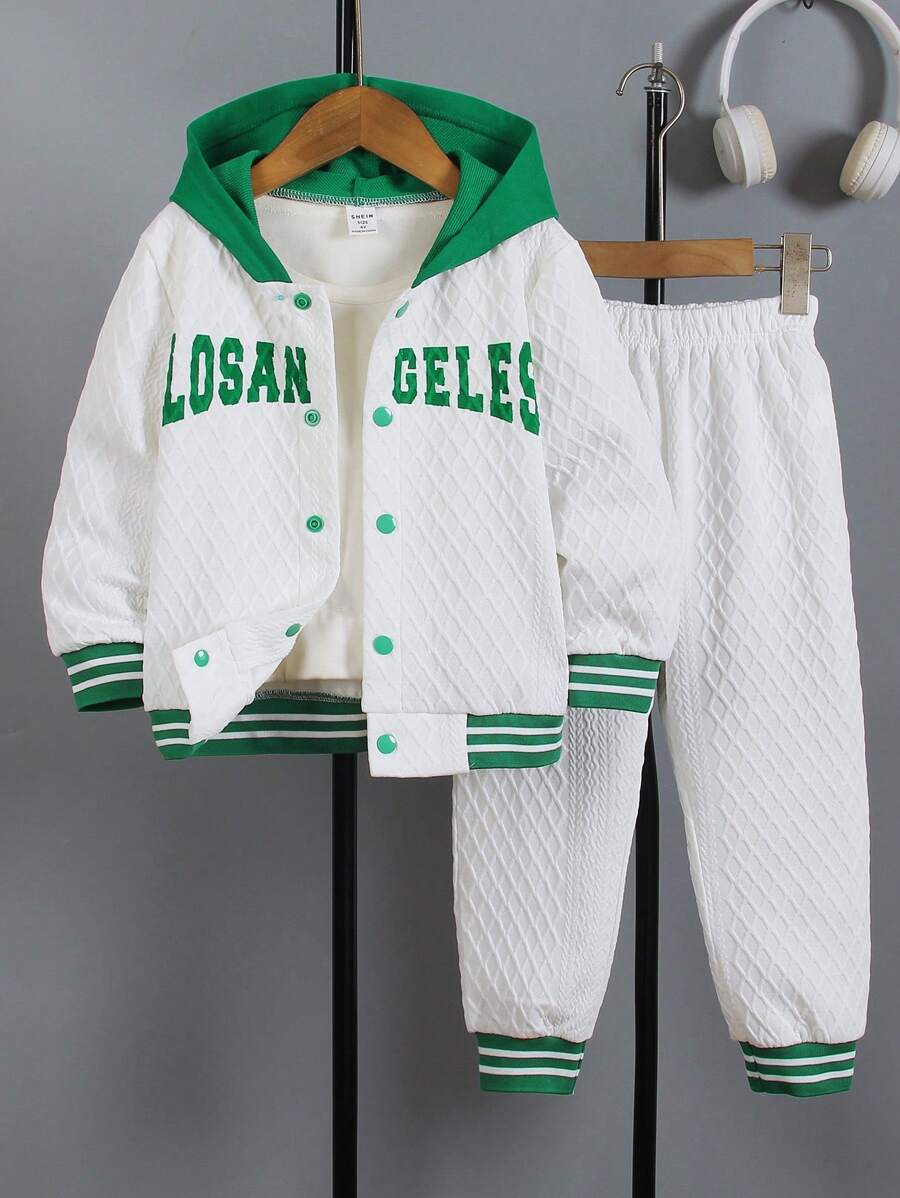 SHEIN 2pcs Young Boy Solid Color Patchwork Front Button Long Sleeve Hoodie And Pants Set