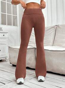 SHEIN EZwear 女士纯色喇叭紧身裤 折叠紧身裤 弹力喇叭裤 瑜伽裤 Y2k 慢跑裤 - 棕色 - 查看 4