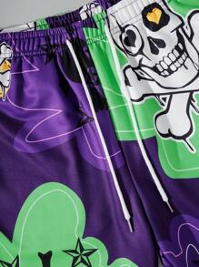ROMWE MEN Street Life Men's Loose Skull Flower Print Sweatshirt & Pants Set - Purple - View 5