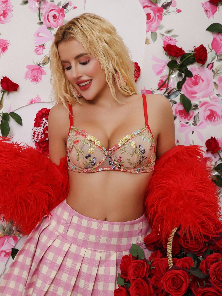 1pc Floral Embroidery Mesh Bralette, Comfortable Wireless, Romantic Country Style Lingerie - Red - View 1