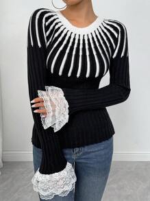 SHEIN Unity French Style Versatile Round Neck Patchwork Pullover Knit Top Knit Pullover Fall Winter Sweater - Black and White - View 1