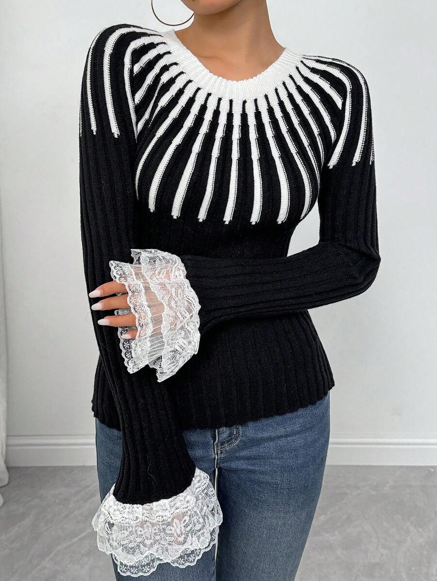 SHEIN Unity French Style Versatile Round Neck Patchwork Pullover Knit Top Knit Pullover Fall Winter Sweater - Black and White - View 1