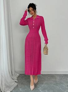 Chiquease Elegant Solid Color Waist-Cinched Long Sweater Dress For Autumn/Winter - Hot Pink - View 4