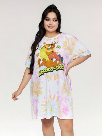 SCOOBY-DOO X SHEIN 大码扎染花卉大丹犬印花短袖休闲睡衣，Y2K 街头风格
