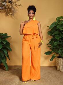 Slaydiva 大码女式夏季优雅办公室/度假纯橙色肩部荷叶边嵌件系带阔腿连体裤