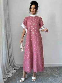 Modelyn Damen Blume Muster Kontrast Farbe Stehkragen Volant Kurzarm Locker Lang Kleid - Pink - Übersicht 6